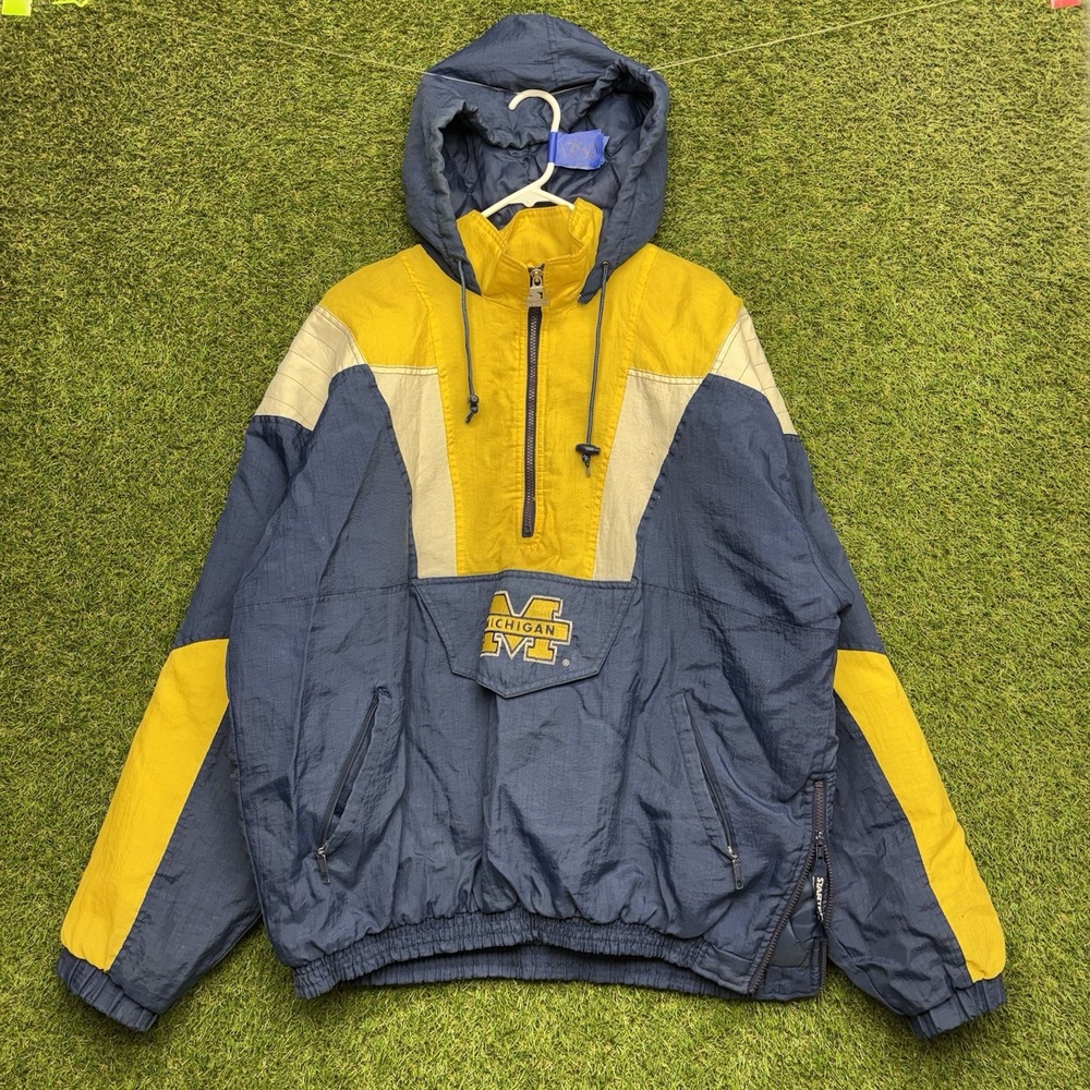 Vintage Michigan Wolverines Starter Jacket Mens XL Puffer Coat 1/4 Zip Up Blue